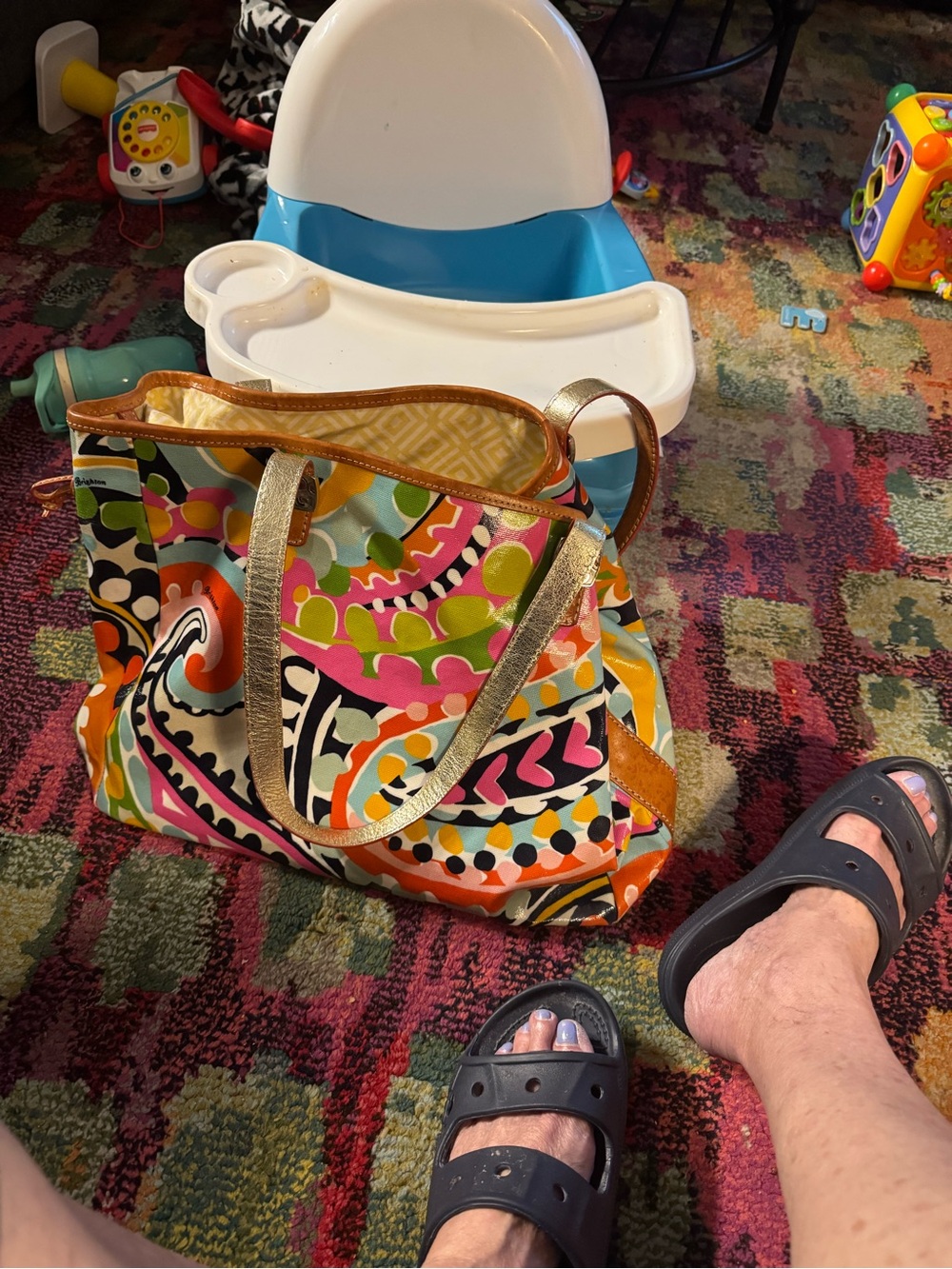 Brightly Patterned Brighton Tote in Orange, Pink, Green, Black & Gold